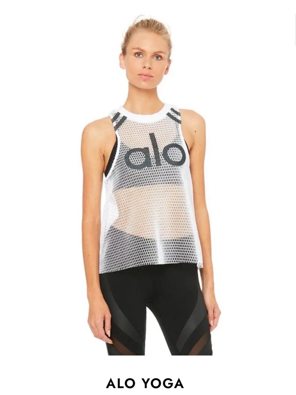 ALO Yoga White Mesh Racerback Tank with Black Logo Sz Med